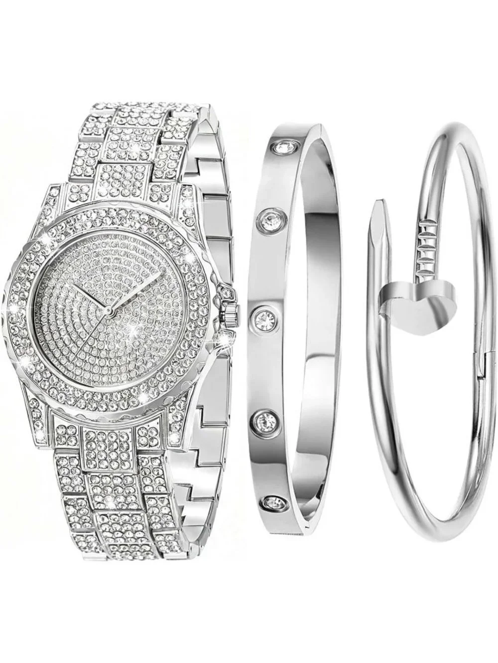 Women's Silver Interior Full Diamond Bling Rhinestone Iced Out Quartz Wristwatch